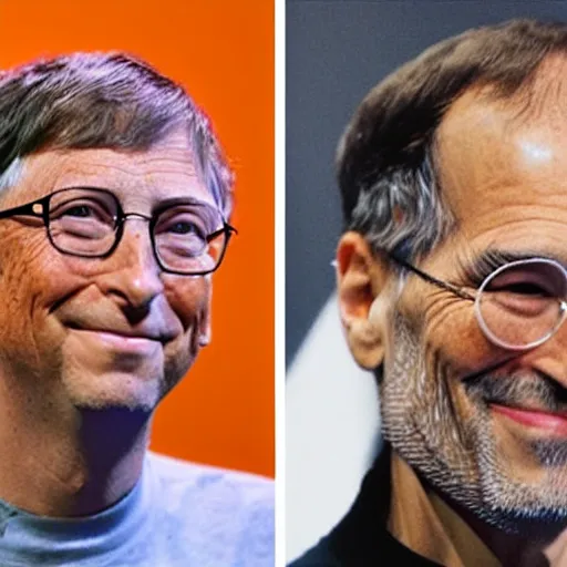 Prompt: Bill Gates and Steve Jobs starting to merge together. Their heads are halfway through the process.