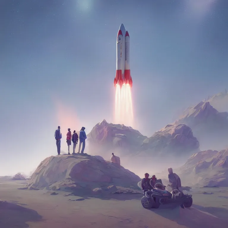 Prompt: people wait for a rocket launch on a far planet, retro, soft colors, futuristic, artstation, concept art, smooth, sharp focus, illustration, by Mandy Jurgens, digital painting