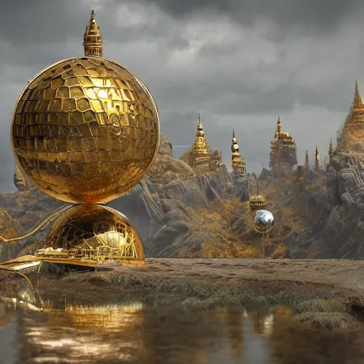 Image similar to photograph, realistic hyper detailed hardsurface modelled 3 d geometry, houdini destruction of aminimalist design temple, tarnished gold sphere is far far in the distance, deep perspective, wide angle, insanely detailed and intricate,, eal, gold, silver red, paradise hospital environment,