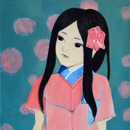 Image similar to a painting of Japanese schoolgirl, clothed, mixed media