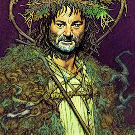 Image similar to a realistic and atmospheric high fantasy closeup portrait of bill murray as a mystical druidic warrior wizard doing an arcane pagan ritual by rebecca guay, michael kaluta, charles vess and jean moebius giraud