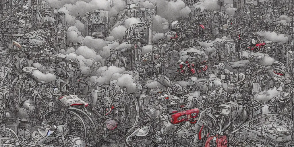Prompt: a city in the clouds, foggy, a highway weaving through the clouds with a group of motorcycle riders driving down the road, highly detailed, by james jean