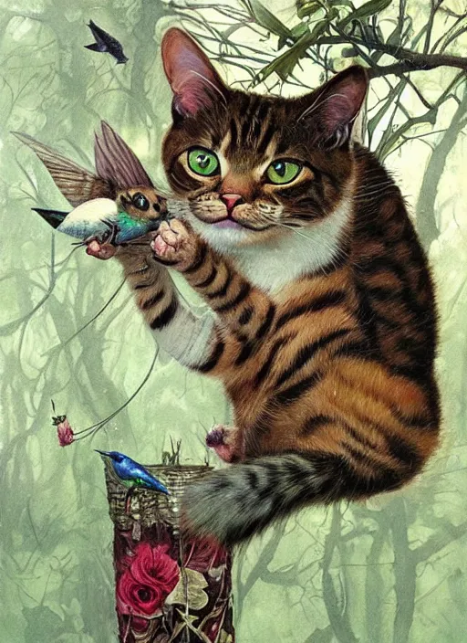 Image similar to a hyper realistic illustrated cat with playing with a hummingbird on its paw in the woods gorgeous lighting, lush forest foliage painting by chiara bautista and beksinski and norman rockwell and greg rutkowski weta studio, and lucasfilm