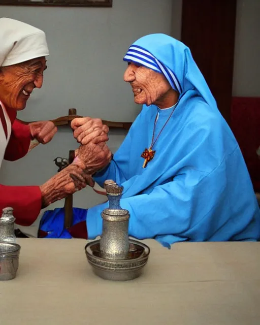 Prompt: mother Teresa arm wrestling genghis khan