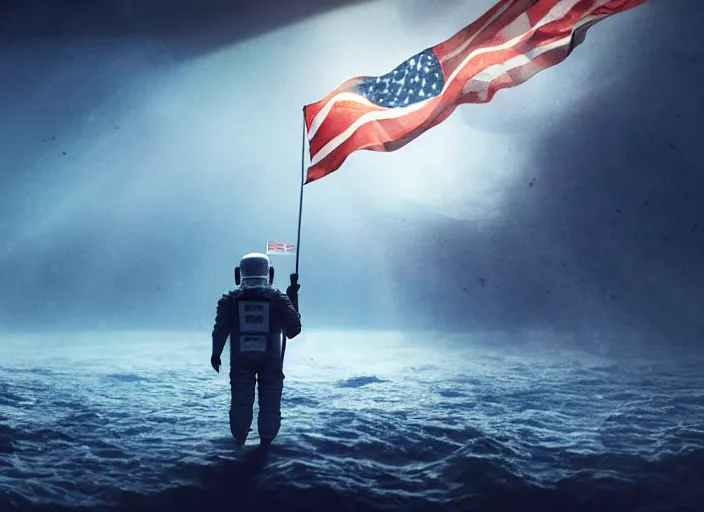 Image similar to astronaut holding a flag in an underwater desert. a submarine is visible in the distance. dark, concept art, cinematic, dramatic, atmospheric, 8 k, trending on artstation, blue, fish, low visibility, fog, ocean floor, christopher nolan, interstellar