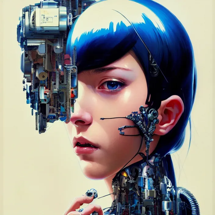 Prompt: side portrait of cyborg girl with robotic parts | | head only in center of image, audrey plaza, fine detail!! anime!! realistic shaded lighting!! poster by ilya kuvshinov katsuhiro otomo ghost - in - the - shell, magali villeneuve, artgerm, jeremy lipkin and michael garmash and rob rey