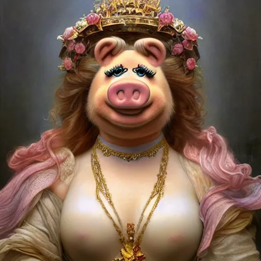 Image similar to Epic Masterpiece head and shoulders portrait of Miss Piggy drawn by Donato Giancola and Tom Bagshaw, Edmund Leighton, Alphonse Mucha, background by James Jean and Gustav Klimt, 4k, porcelain skin, volumetric lighting, komorebi, french nouveau, trending on artstation, octane render, hyperrealistic