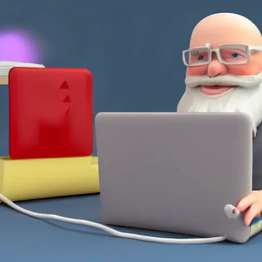 Image similar to cute clay cartoon, 3d model, trending, art render, happy smiling grey beard wizard that is zapping a laptop with electricity from his hands