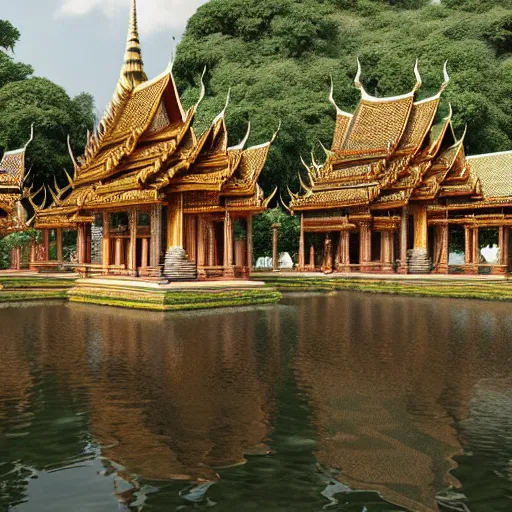 Image similar to 1 6 k unreal engine render of an ancient never seen before thailand high detail temple. complex architecture with intricate pilars. high detailed water., river, jungle background. afternoon light. hyper realistic render, digital illustration, trending on art station