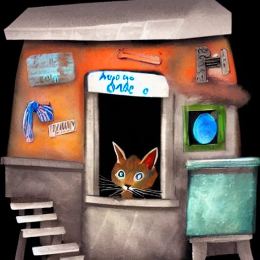 Prompt: a little alley cat living inside trash at night in the style of kahlo