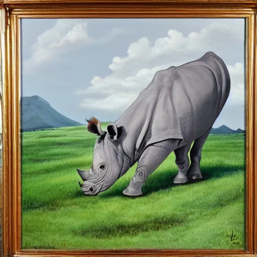 Image similar to oil on canvas of, rhinoceros laying an egg in hawaii