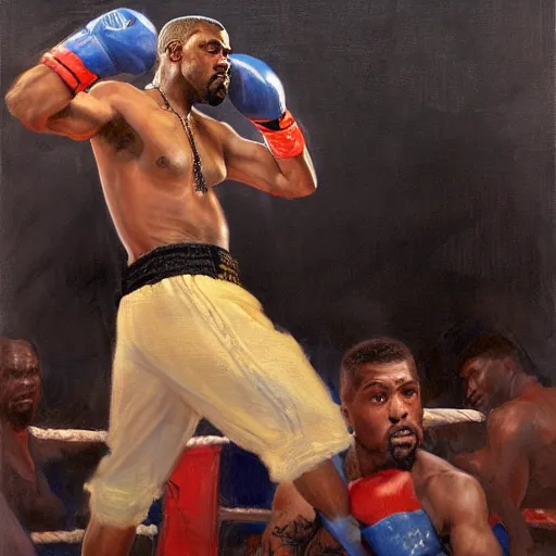 Image similar to a beautiful painting of kanye west knocking out pete davidson in a boxing ring, rendered art, highly detailed painting by gaston bussiere, craig mullins, j. c. leyendecker 8 k, trending on artstation, watercolor