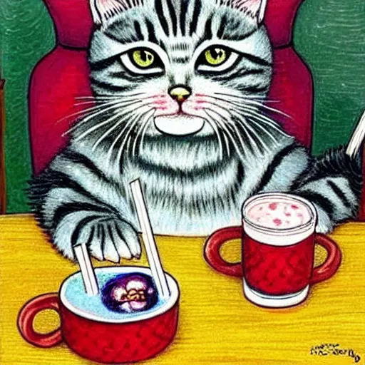 Image similar to a gray tabby cat, with a white nose, drinking boba tea with a straw - by louis wain. highly detailed. cute.