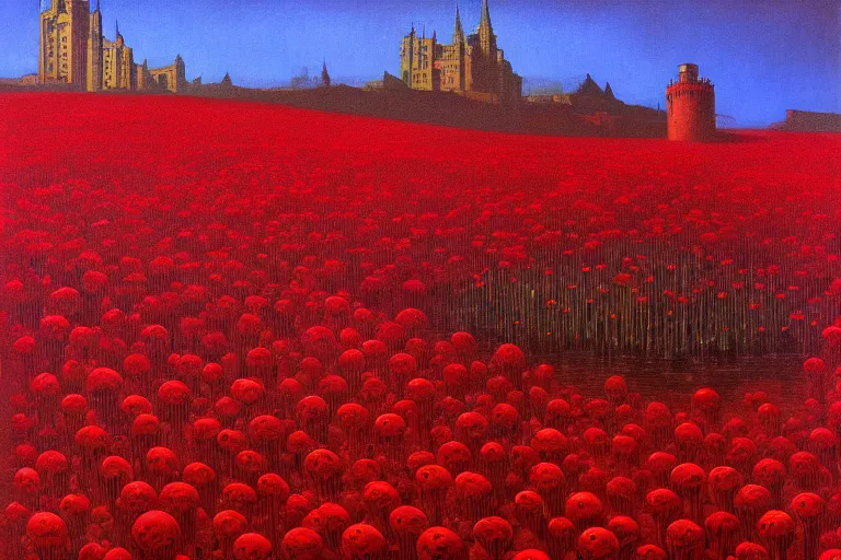 Image similar to only with red, red flowers of different types, red castle in background, red medieval big goblins, in the style of beksinski, parts by edward hopper, parts by rodcenko, parts by yue minjun, intricate and epic composition, red by caravaggio, insanely quality, highly detailed, masterpiece, red light, artstation, 4 k