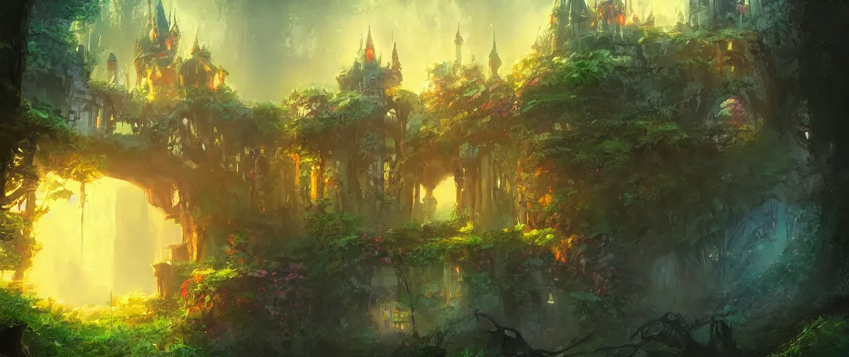 Image similar to magical castle in the forest behind a garden, concept art, digital painting, style of jordan grimmer, warm lighting, futuristic, volumetric lighting, view from below, vivid colours, bright, daytime, godrays, high detail