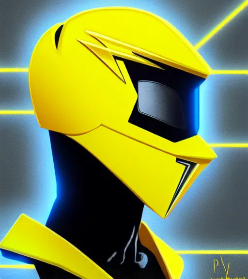 Image similar to symmetry!! yellow ranger, lightning - bolt - shaped helmet!!, hard edges, product render retro - futuristic poster scifi, lasers and neon circuits, yellow ranger, intricate, elegant, highly detailed, digital painting, artstation, concept art, smooth, sharp focus, illustration, dreamlike, art by artgerm