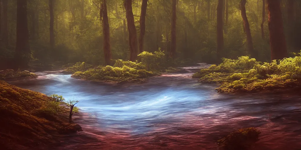 Image similar to A river running through a forest on Mars, cinematic lighting, detailed oil painting, hyperrealistic, 8k