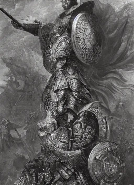 Image similar to highly detailed picture of great greek warrior with a shield, edge of the universe, symmetrical face, cinematic romantic magical, greek myth, masterpiece, from the book by gene wolfe, highly detailed painting by gustave dore