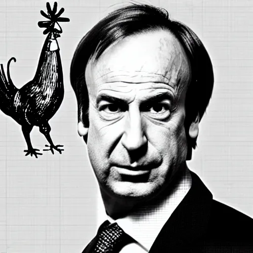 Prompt: saul goodman and a rooster in a medieval torture chamber, saw blades and knives in the background, horror movie, saul goodman!, rooster!!!!, real life photo, highly detailed face