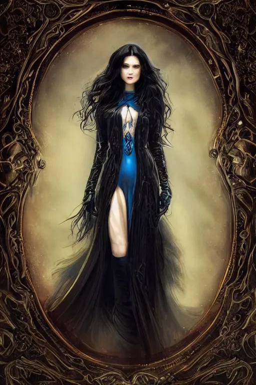 Image similar to a beautiful woman with long black hair, blue eyes, fantasy, intricate, elegant, dramatic lighting, gorgeous face, black leather jacket, highly detailed, lifelike, photorealistic, digital painting, artstation, illustration, concept art, smooth, sharp focus, art by John Collier and Albert Aublet and Krenz Cushart and Artem Demura and Alphonse Mucha