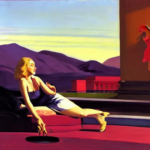 Prompt: hollywood babylon, on the qt, scandal sheet, painting by edward hopper and eric fischl