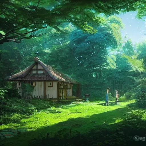 Image similar to A studio ghibli forest, a little cottage with solarpanels, solarpunk, green, blue sky, by Greg Rutkowski