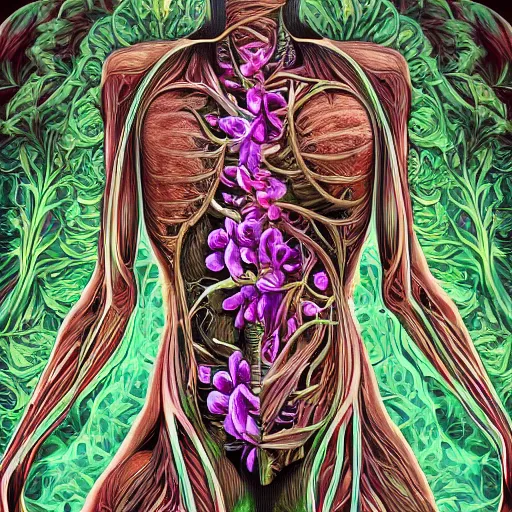 Image similar to a beautiful detailed photo of a full body rotten woman corpse morphing into fractal plants and fractal flowers and mushrooms, muscles, veins, anatomical, intricate, ornate, volumetric light, beautiful lit, midsommar