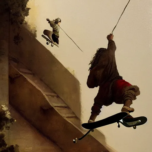 Image similar to skateboarder peasant tricks painting dynamic very very detailed by hubert robert balanced cinematic