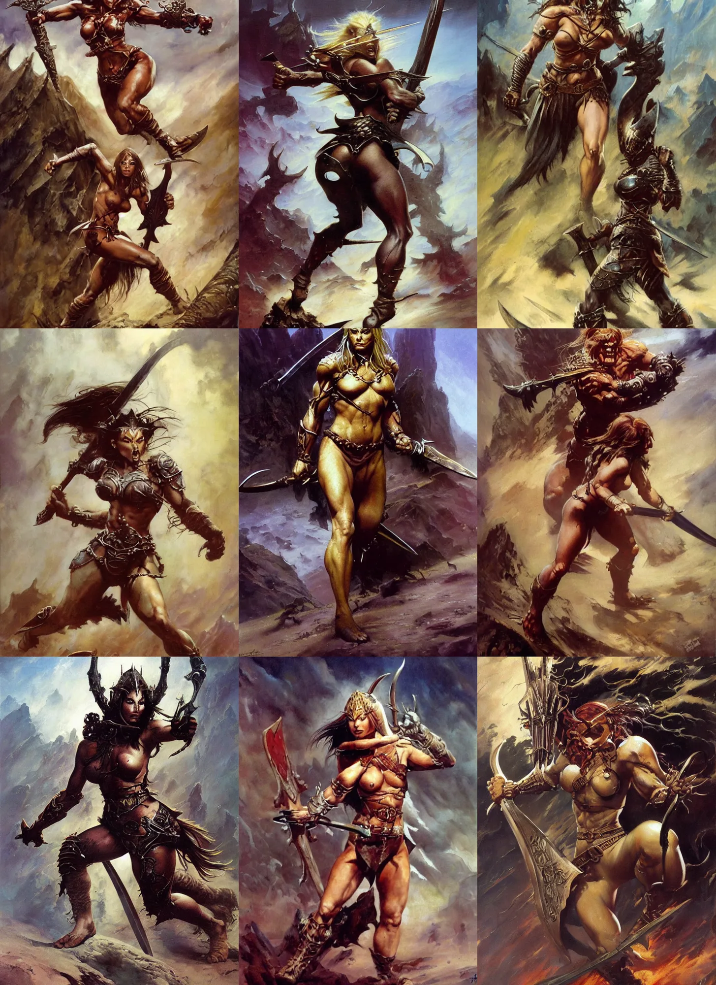Prompt: A full portrait oil painting of a berserker woman holding a claymore and running, by Frank Frazetta, Boris Vallejo, epic fantasy character art, elven, armor, Exquisite detail, post-processing, low angle, masterpiece, cinematic