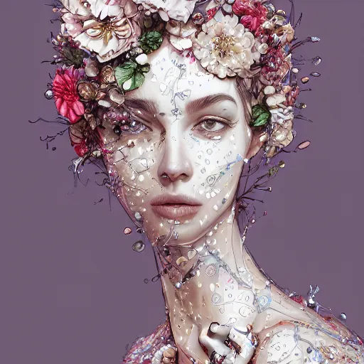 Image similar to the portrait of an absurdly beautiful, graceful, elegant, sophisticated, fashionable young woman made of strawberries and white petals with tears, an ultrafine hyperdetailed illustration by kim jung gi, irakli nadar, intricate linework, bright colors, octopath traveler, final fantasy, unreal engine 5 highly rendered, global illumination, radiant light, detailed and intricate environment