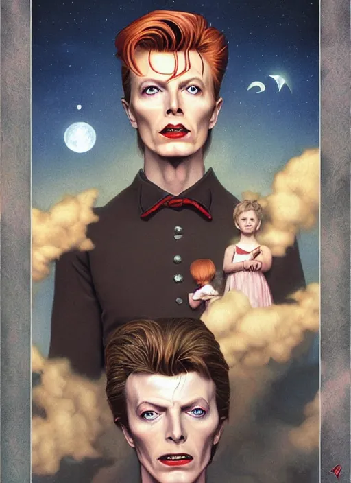 Image similar to twin peaks poster art, portrait of david bowie meets the little prince of darkness, by michael whelan, rossetti bouguereau, artgerm, retro, nostalgic, old fashioned