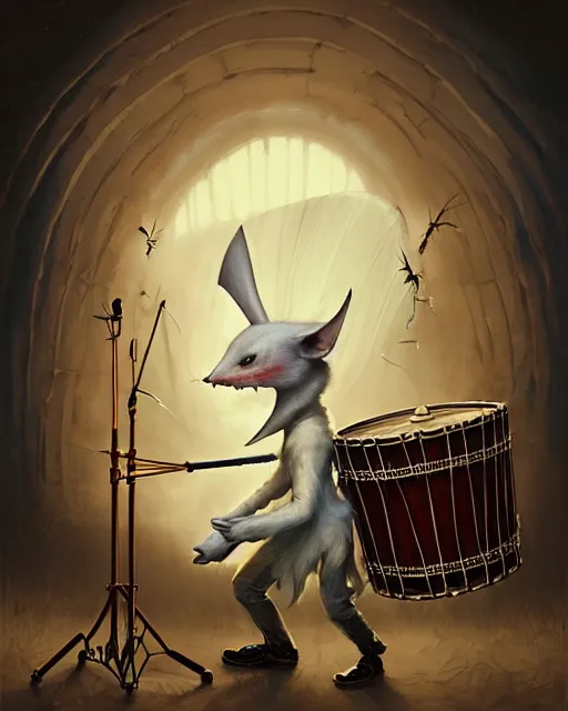 Image similar to anthropomorphic art of a anthropomorphic white bat playing the drum set, victorian clothing by artgerm, victo ngai, ryohei hase, artstation, highly detailed digital painting, smooth, global illumination, fantasy art by greg rutkowsky, karl spitzweg