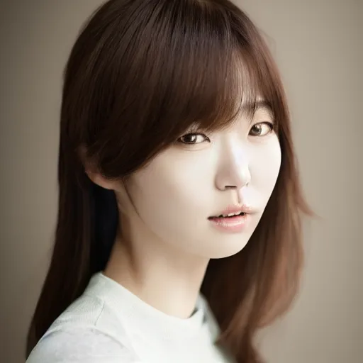 Image similar to Park shin-hye korean woman, portrait photo of a beautiful south korean woman, female model, soft smile, closed mouth showing no teeth, soft bright skin, brown hair, deep brown eyes, modern south korean makeup, soft makeup, studio lighting, solid white background, hyperrealistic, 8k, artstation, professional photo, by Leibowitz