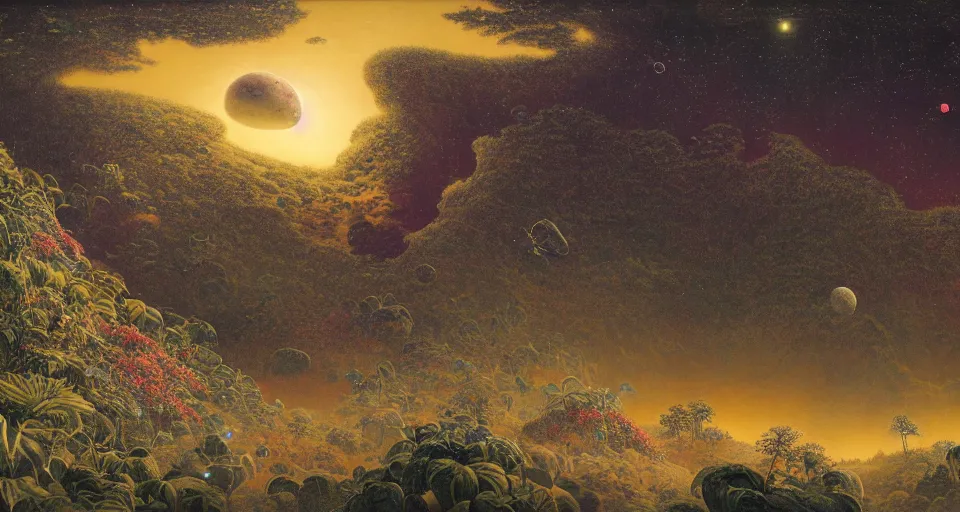 Prompt: a landscape on the moon with many craters, insect aliens, a beautiful flowering garden, a lot of exotic vegetations and trees, intricate detaild, 8 k, in the style of martin johnson heade and daniel merriam and roger dean