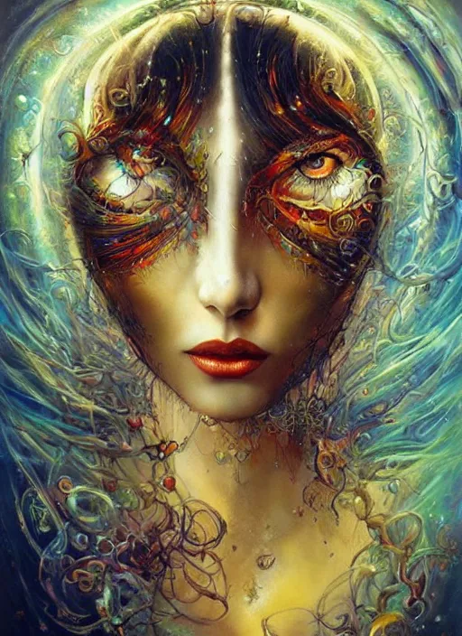 Prompt: magic enlightened cult psychic enchanted woman, painted face, third eye, energetic consciousness psychedelic, epic surrealism expressionism symbolism, perfect, by karol bak, louise dalh - wolfe, masterpiece