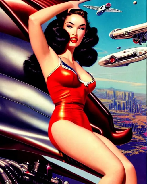 Image similar to closeup beautiful retro space megan fox varga girl, posing on a chrome space ship in diesel punk city, windblown dark hair, retro pinup model, seductive, 1 9 4 0, hyper detailed, digital art, smooth, sharp focus, gil elvgren,