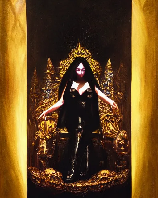 Image similar to an illustration of a dark queen on a throne at night by jose alsina, realistic, detailed, oil painting, 1 9 th