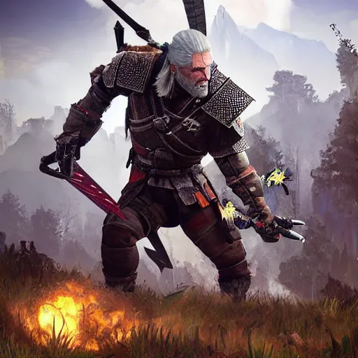 Image similar to Geralt fighting a Thunderjaw machine from Horizon Zero Dawn in the style of an oil painting
