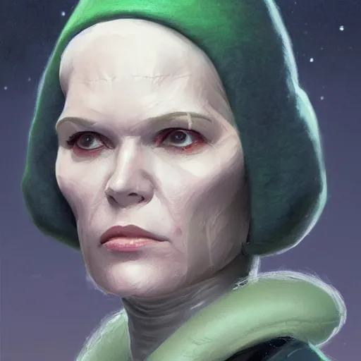 Image similar to portrait of a woman by greg rutkowski, female twi'lek, green skin, wool cap, star wars expanded universe, she is about 6 0 years old, wearing uniform of the galactic alliance navy, highly detailed portrait, digital painting, artstation, concept art, smooth, sharp foccus ilustration, artstation hq