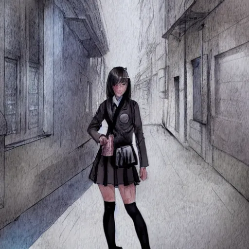 Image similar to a perfect, realistic professional digital sketch of a Japanese schoolgirl posing in a dystopian alleyway, style of Marvel, full length, by pen and watercolor, by a professional American senior artist on ArtStation, a high-quality hollywood-style sketch, on high-quality paper