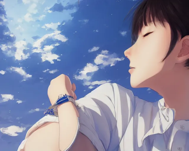 Image similar to teen looking at blue sky, wearing white shirt, back turned, looking up, illustration, by pine ( ハイネ ) and 薯 子 imoko and 香 川 悠 作 and wlop and maya takamura, highly detailed, trending artstation, pixiv, digital art