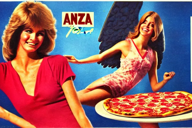 Image similar to 70s, angels, pizza, advertisement