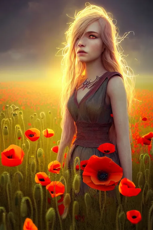 Prompt: epic Beautiful art portrait of a light elemental girl in a poppy' field , atmospheric lighting, intricate detail, cgsociety, hyperrealistic, octane render, RPG portrait, ambient light, dynamic lighting