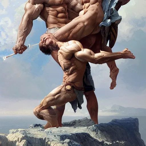 Prompt: President Donald J Trump and vladimir putin making out as a Greek gods, detailed faces, gorgeous, amazing, muscular, fit, very muscular male body, intricate, highly detailed, digital painting, artstation, concept art, sharp focus, illustration, art by greg rutkowski and alphonse mucha