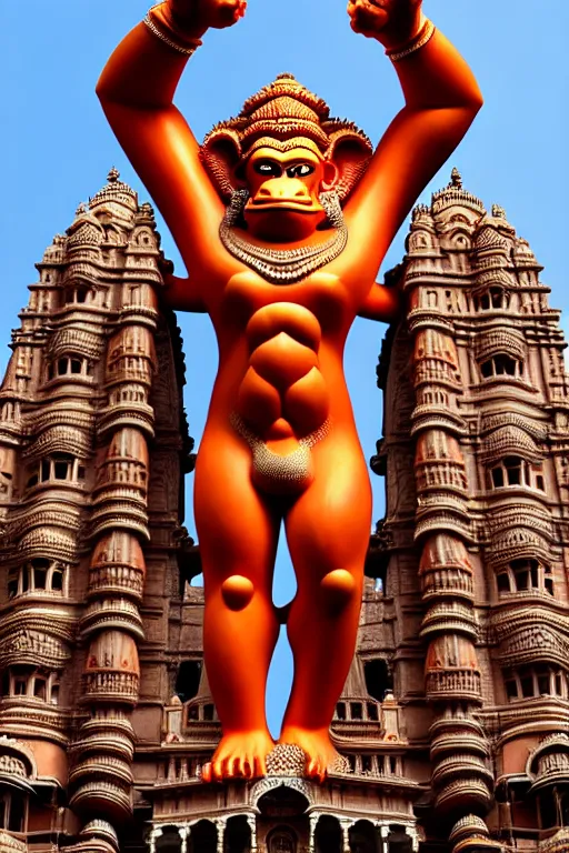 Image similar to high quality 3 d baroque biomorphic hanuman! monument & buildings in mumbai!!, highly detailed, cinematic smooth, berenice abbott & john j. park, dramatic morning light, wide shot, high angle, uhd 8 k, sharp focus