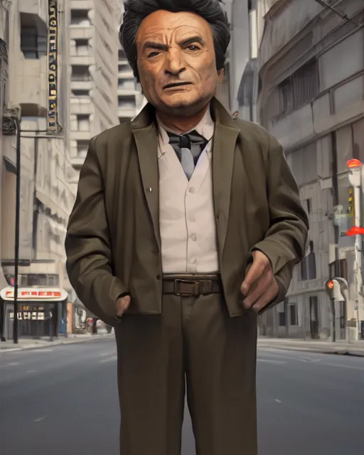 Image similar to Peter Falk's Detective Columbo as a droid, hyperdetailed, full body, LED effects, glowing eyes, professional paint job, standing in a city street, distressed paint, photoreal, caustics, octane render, redshift render, Vray render, all in focus, unreal engine, post processing, ultra detailed, trending on artstation