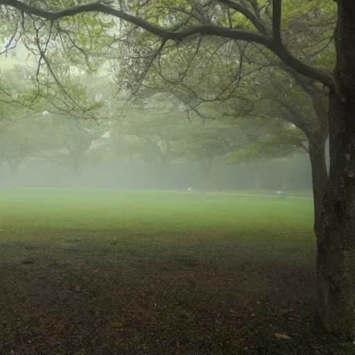 Prompt: a picture of a park that on one side looks vivid and nice, but on the other side dark, dead and gloomy dystopian colored