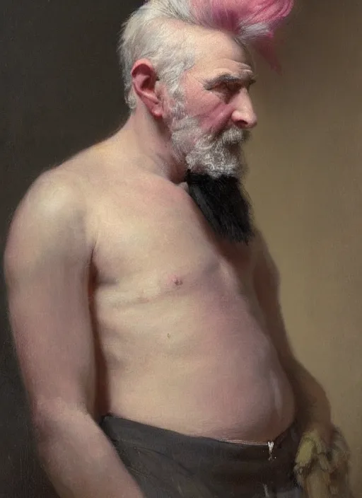 Image similar to a portrait of old man with a pink mohawk by edouard bisson, punk rock, oil painting, muted colours, soft lighting