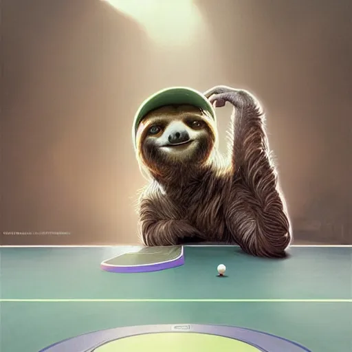 Image similar to a sloth playing ping pong with a cute hat sharp focus, intricate, elegant, digital painting, artstation, matte, highly detailed, concept art, illustration, volumetric lighting, fantasy, art by artgerm, alphonse mucha, and greg rutkowski