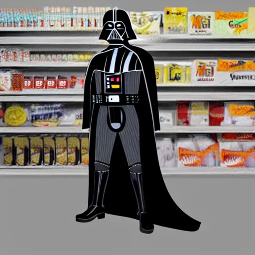 Prompt: Darth Vader exciting a store holding bags of groceries, concept art, trending on artstation